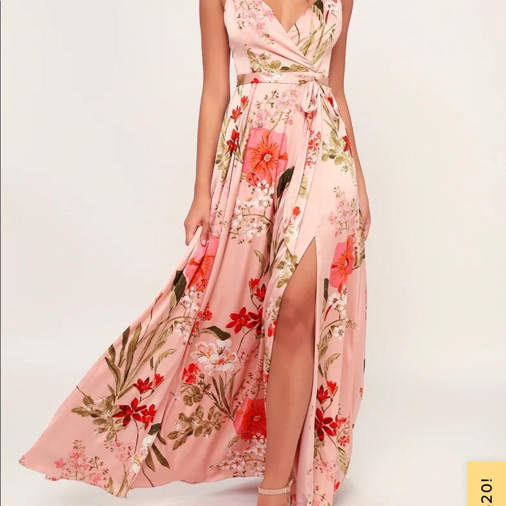 Lulus Still the One Blush Pink Floral Print Satin Maxi Dress